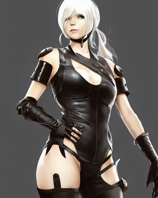 Prompt: full shot league of legends portrait of 2 b nier automata wearing a latex suit, au naturel, hyper detailed, digital art, trending in artstation, cinematic lighting, studio quality, smooth render, unreal engine 5 rendered, octane rendered, art style by klimt and nixeu and ian sprigger and wlop and krenz cushart.