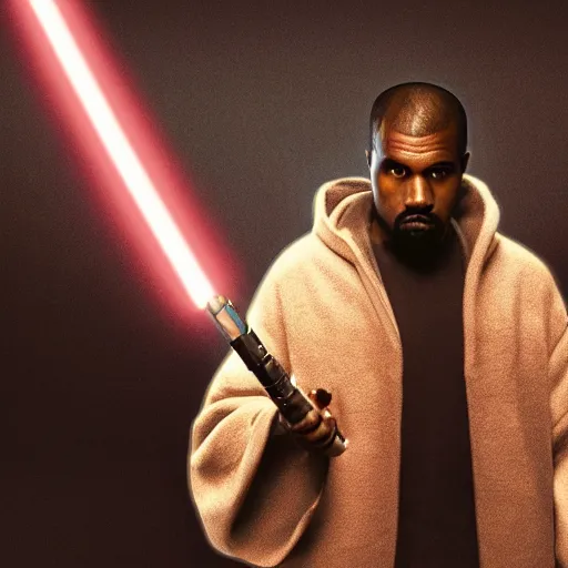 Image similar to Portrait of Kanye West as a jedi in Star Wars, holding lightsabre. splash art, cinematic lighting, dramatic, octane render, long lens, shallow depth of field, bokeh, anamorphic lens flare, 8k, hyper detailed, 35mm film grain