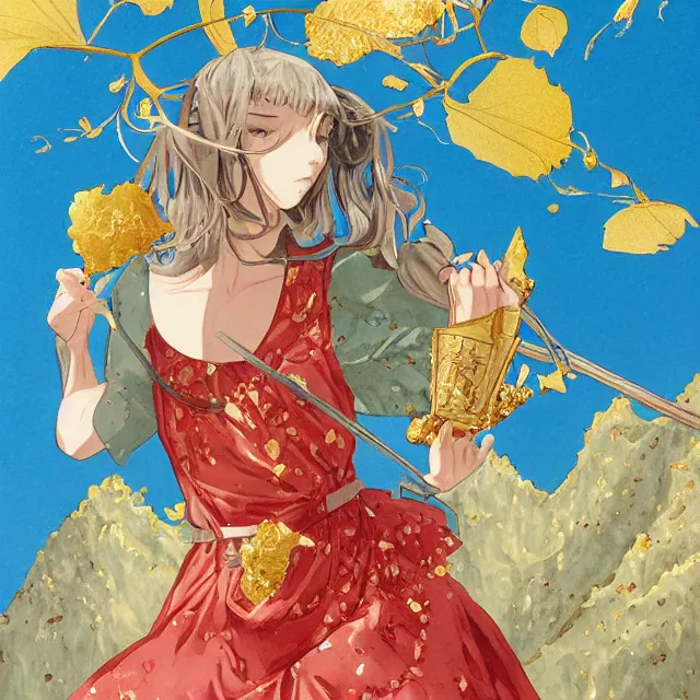 Image similar to the lone maid in the strawberry cream mountains. gouache and gold leaf by the award - winning mangaka