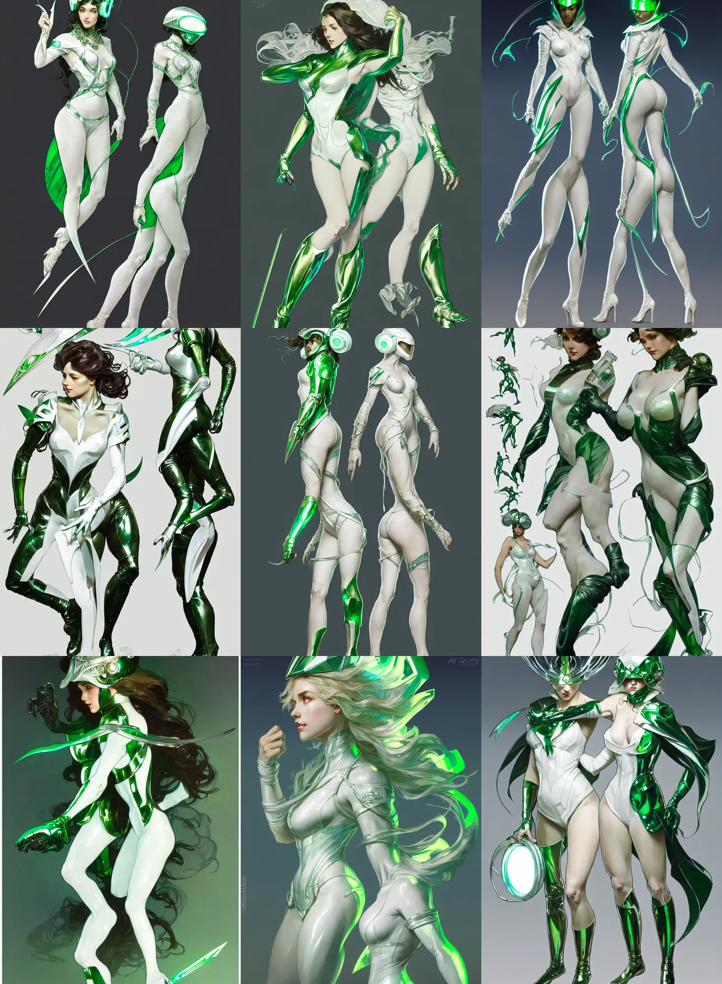 Prompt: a full body character design by artgerm, greg rutkowski and alphonse mucha. sci - fi dagger. white and green translucent plastic tape project show attctive showgirl!! sci - fi helmet!! sharp edges. contour light effect!!. ultra detailed, elegant, intricate, octane render.