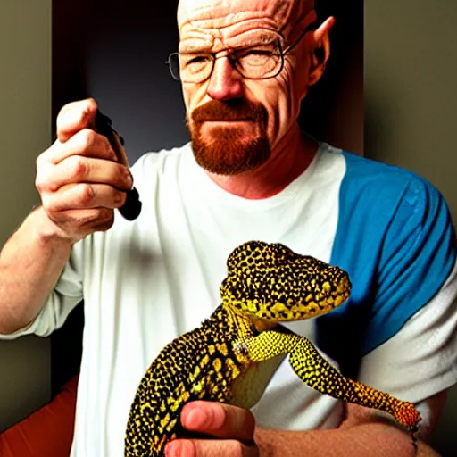 Prompt: walter white holding a leopard gecko