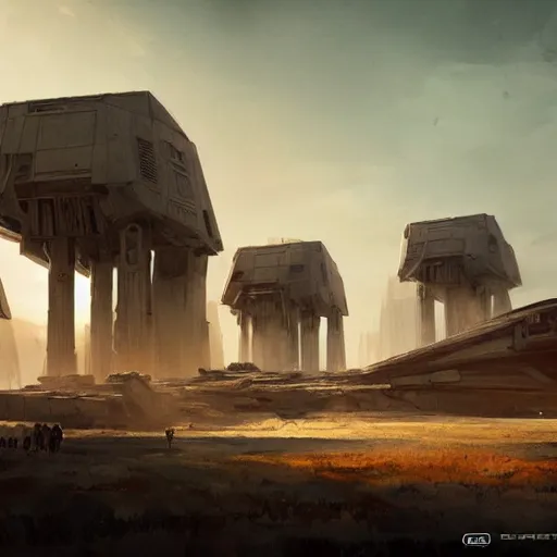 Prompt: star wars concept art by greg rutkowski, brutalist buildings in the middle of a savannah landscape, cinematic sunset lighting, dramatic atmosphere.