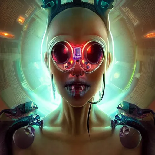 Image similar to An Alien Robot Cyberpunk Naughty Nurse, facial tattoos, glowing clothing apparatus, artists portrait, biomechanical, Emergency Room, fantasy, highly detailed, digital painting, concept art, sharp focus, depth of field blur, illustration, art by artgerm and greg rutkowski and alphonse mucha