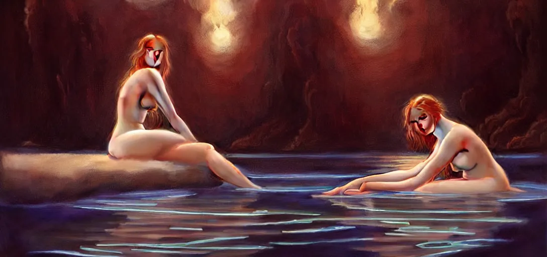 Prompt: renaissance a female bathing in a calm bioluminescent lake, lean and toned, cute face, d & d, intricate, elegant, highly detailed, digital painting, artstation, concept art, matte, sharp focus, illustration, art by da vinci, artgerm and greg rutkowski and alphonse mucha