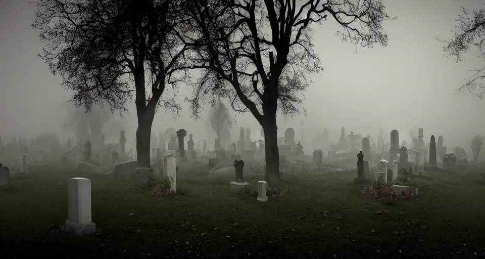 Image similar to Cinematic still of creepy cemetery by the river thames at night, thick mist fills the ground, directed by Wes Craven