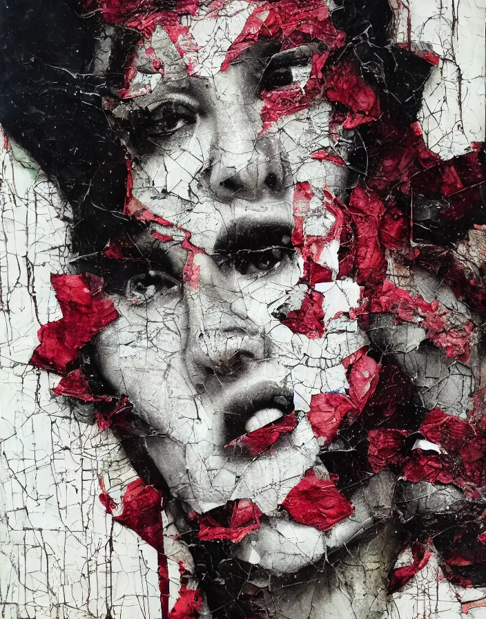 Prompt: teenager with bleeding veins detailed analogue mixed media collage with canvas texture in style of contemporary art, punk art, hyperrealistic beautiful face, photorealistic, expressionism, masterpiece, perfect composition, spectacular quality torn paper, intricate oil details, broken glass