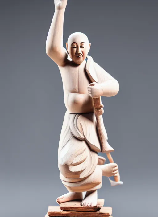 Prompt: still wooden figurine of monk wearing a white shorts, personification, dynamic pose, detailed product photo, 8 k, 8 5 mm, f. 1 4, beautiful composition