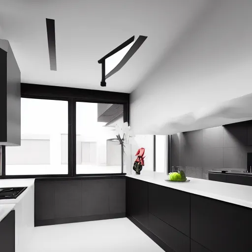 Image similar to photo of black, matte kitchen fronts surfaces and furniture, dark red walls at the back, white floor tiles on the ground, white ceiling, architecture, concept art