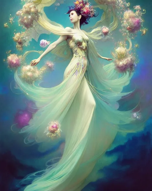 Prompt: Full View ultrarealistic Portrait ethereal fantasy deity wearing beautiful gown, rising in the air levitating, flowers, calm, 4k digital masterpiece by Anna Dittman and Alberto Seveso Ruan Jia, rossdraws, artgerm and greg rutkowski and alphonse mucha and loish and WLOP, fantasycore, Hyperdetailed, fractals, scribble art, realistic digital painting, atmospheric, fireflies, soft lighting, featured on Artstation