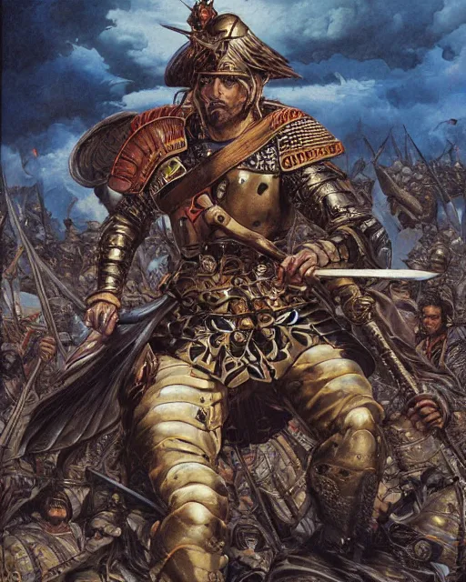 Prompt: portrait of a spanish conquistador in battle, by daniel zrom, masamune shirow, josan gonzales and dan mumford, ayami kojima, takato yamamoto, barclay shaw, karol bak, yukito kishiro