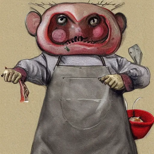 Image similar to an immortal dead hamster in a butcher's suit with an evil face, in an apron covered in blood, holding cleavers in his hands. the hamster has 4 arms. front view. old painting sketch