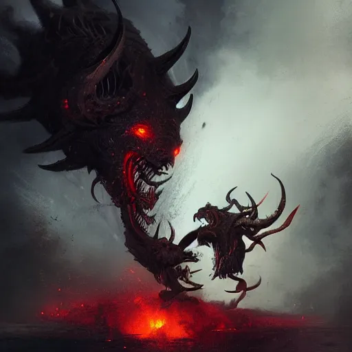 Prompt: Two demons in hell fighting each other, highly detailed art, trending on artstation, 4k concept art, digital art, by Greg Rutkowski