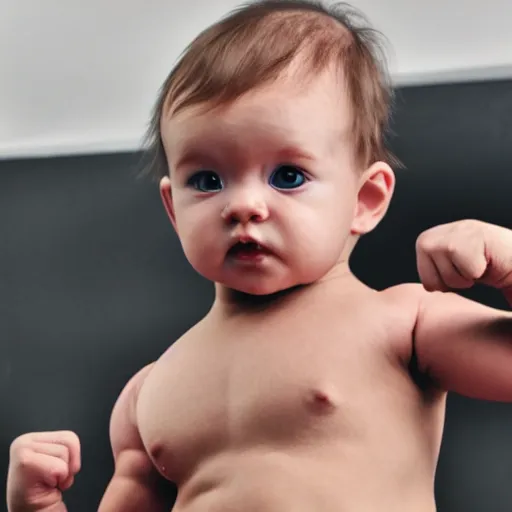 Prompt: a beefed up baby, extremely muscular baby body, ripped, flexing, intense expression, award winning photography, high detail