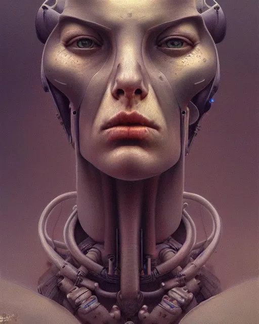 Image similar to a zdzilaw beksinski potrait of a cyborg, fine - face, realistic shaded perfect face, fine details. night dark setting. realistic shaded lighting, artgerm, trending on art station