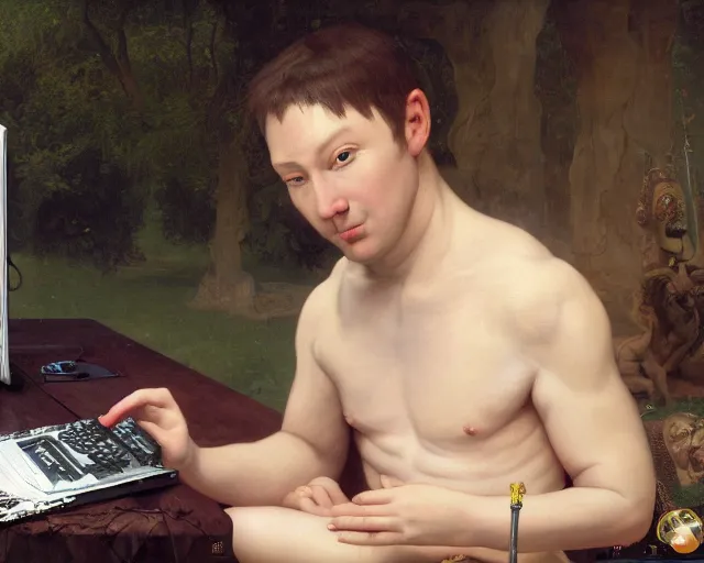 Image similar to A fantasy comic book style portrait painting of limmy, Caucasian eyes, using his desktop pc, François Boucher, Oil Painting, unreal 5, DAZ, hyperrealistic, octane render, Regal, Refined, Detailed Digital Art, William-Adolphe Bouguereau, Michael Cheval, Walt Disney (1937), dynamic lighting, Highly Detailed, Cinematic Lighting, Unreal Engine, 8k, HD