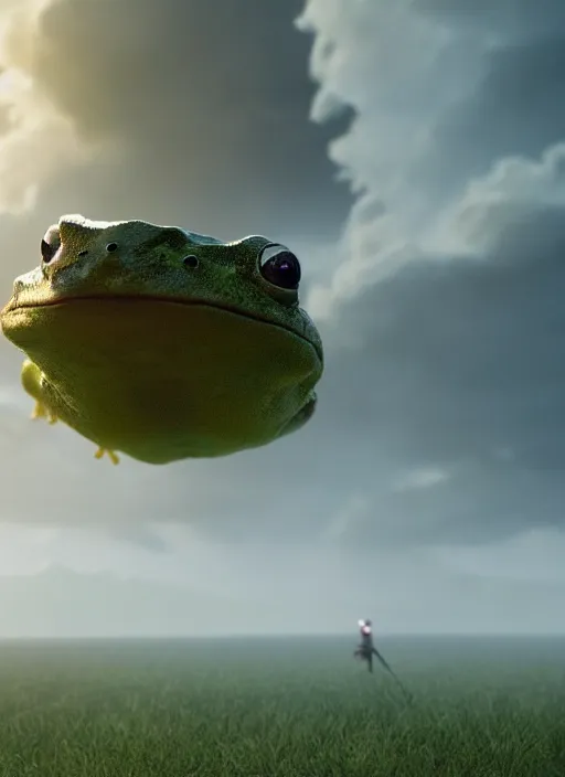 Prompt: hyperrealism, detailed textures, photorealistic 3 d, a massive frog emerging from a fluffy cloud, a flat open plain to infinity, ultra realistic, cinematic, intricate, cinematic light, concept art, illustration, art station, unreal engine 8 k