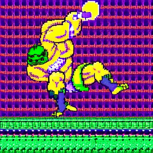 Image similar to extreme long shot, 8 bit nes graphics. antropomorphic muscular masculine pepe the frog. kickboxer fighter, in shorts. aggressive large head. art from nes game cartridge