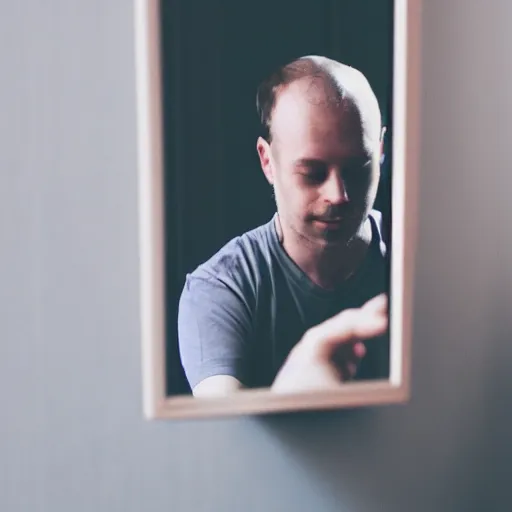 Image similar to first person perspective looking at self in a mirror