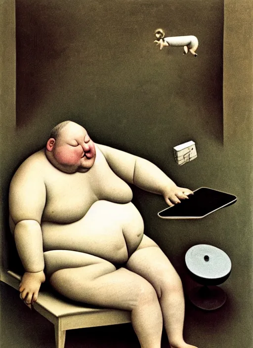 Image similar to fat man sitting on chair looking at his smartphone, hysterical, sweat, fat, frustrated, art by gertrude abercrombie hans bellmer