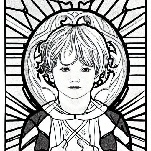 Image similar to clean simple line art of a little boy with short hair. no background. plain white background. well composed, clean coloring book page, beautiful detailed face. coloring book line art by greg rutkowski and johanna basford and alphonse mucha