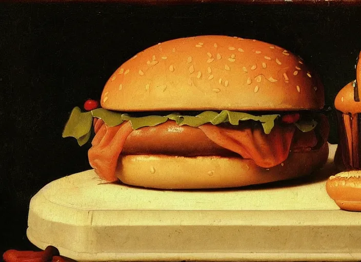 Image similar to a beautiful renaissance painting of a sweating young hamburger, sweet firm buns, in style of John Singer Sargant, still life, Velasquez, trending on artstation