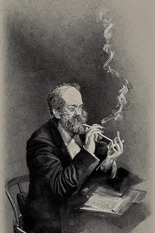 Image similar to portrait of a middle - aged writer with a beard, he is smoking a cigarette, style of greg rutkowski