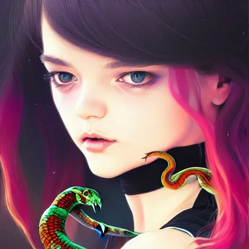 Image similar to longshot of a pretty girl wearing a black choker holding a snake, intricate, bright colors, sharp focus, illustration, highly detailed, concept art, matte, trending on artstation, anime, art by wlop and artgerm and greg rutkowski, ilya kuvshinov, strong strokes, h 6 4 0