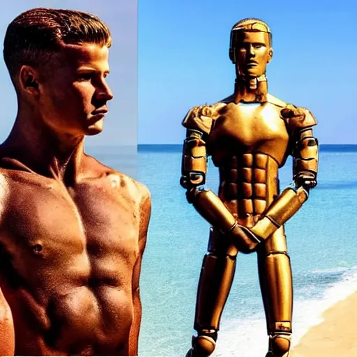 Image similar to a realistic detailed photo of a guy who is an attractive humanoid who is half robot and half humanoid, who is a male android, football player christian mccaffrey, shiny skin, posing like a statue, blank stare, by the beach, on display