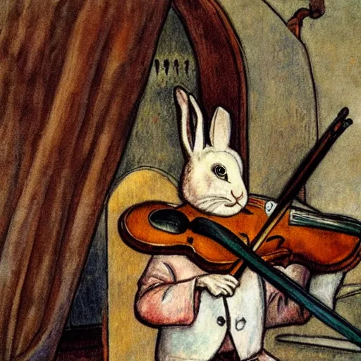 Image similar to a rabbit playing a violin inside a church, in the style of Carl larsson