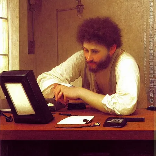 Image similar to an oil painting of an man playing a PC gaming, by Bouguereau, highly detailed and intricate,