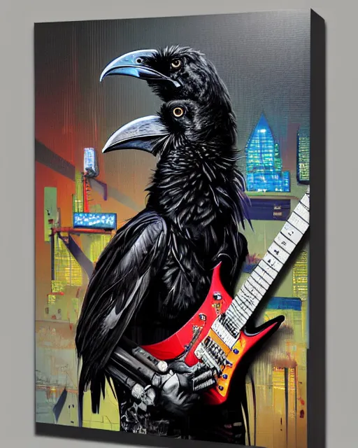 Prompt: a portrait of an anthropomorphic cyberpunk raven shredding an electric guitar by sandra chevrier, by jon foster, detailed render, tape deck, epic composition, cybernetics, 4 k realistic, cryengine, realistic shaded lighting, sharp focus, masterpiece, by enki bilal