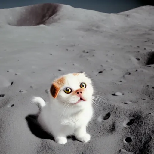 Prompt: cute little golden eyed scottish fold on the moon, realistic