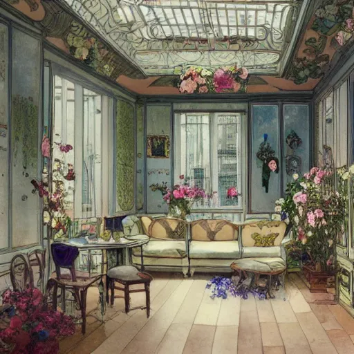 Prompt: a beautiful intricate watercolor painting of victorian livingroom with flowers, 4 k, ultra - wide angle, by william turner, by victo ngai, by alphonse mucha, by miho hirano, hd, trending on artstation