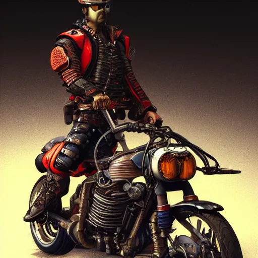 Image similar to extremely detailed realistic render of a cyberpunk samurai riding a motorcycle by James Jean, carig mullins and Syd mead perspective shot ArtStation, CGSociety