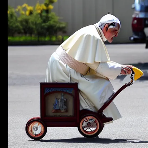 Image similar to the pope riding a childs tricycle