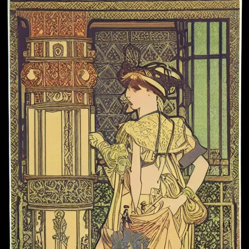 Prompt: Chambéry castle woodblock print. with ornamentation by Mucha