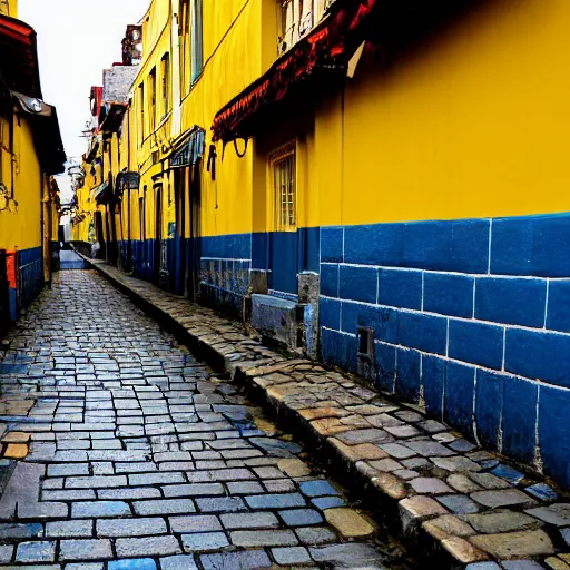 Prompt: old street photography, yellow walls, dramatic lighting, colourful tile roofs, typical cobblestone streets