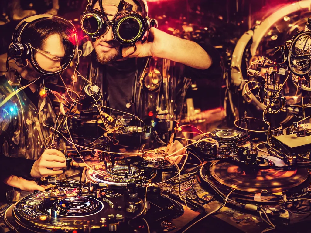 Image similar to a person wearing goggles and visor and headphones using a steampunk record player contraption, wires and tubes, turntablism dj scratching, intricate planetary gears, cinematic, imax, sharp focus, leds, bokeh, iridescent, black light, fog machine, hazy, lasers, hyper color digital art, cyberpunk