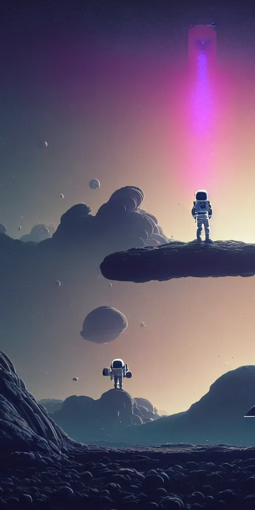 Image similar to a lonely astronaut on a amazing alien landscape and the universe, digital art, breathtaking, golden ratio, extremely detailed, establishing shot, hyperrealistic, cinematic lighting, particles, unreal engine, simon stålenhag, rendered by Beeple, Makoto Shinkai, syd meade, simon stålenhag, Ruan Jia, Kentaro Miura, environment concept, artstation, octane render, 4K UHD image