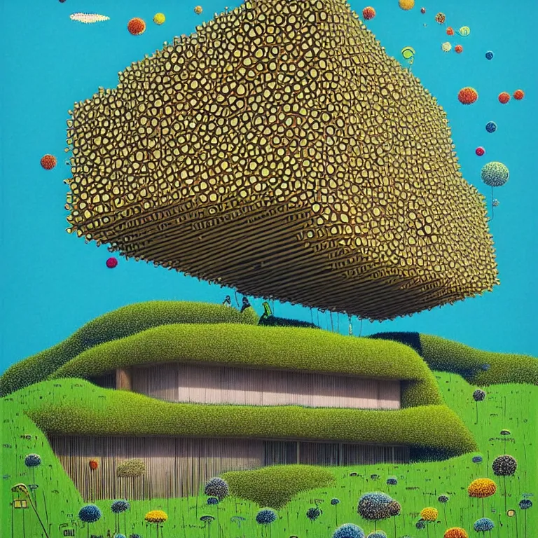 Image similar to surreal glimpse into other universe, a house by kengo kuma on an island, summer morning, very coherent and colorful high contrast, art by!!!! gediminas pranckevicius!!!!, geof darrow, floralpunk screen printing woodblock, dark shadows, hard lighting, stipple brush technique,