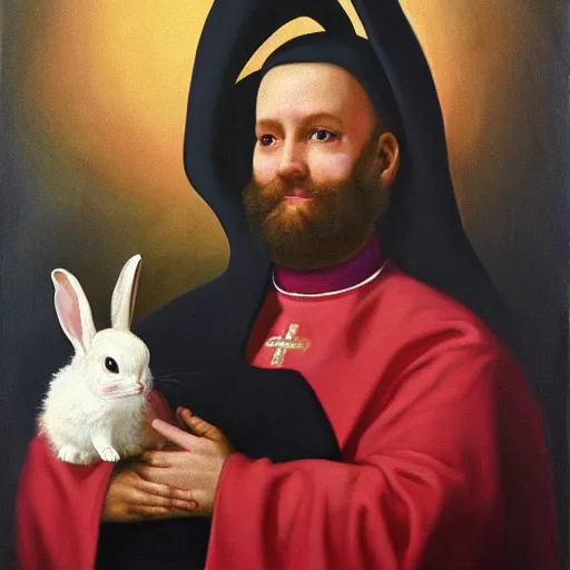 Prompt: priest holding a bunny, bunny has big fangs, priest has ram horns, oil painting