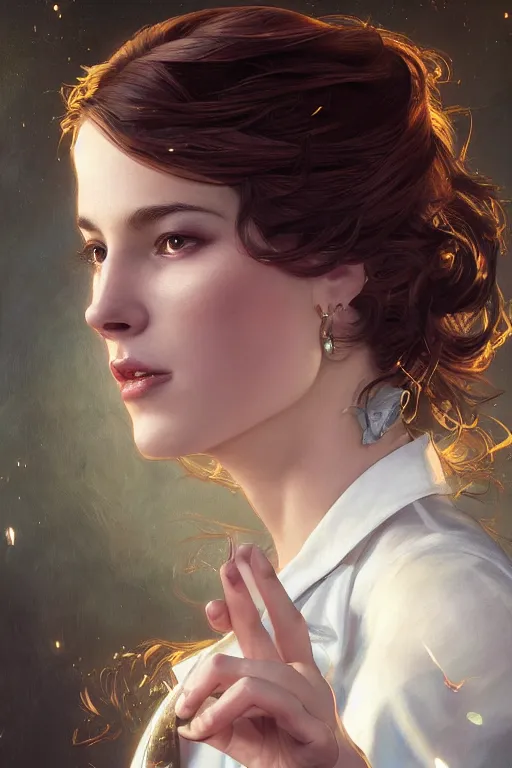 Image similar to portrait painting of woman in business suit dancing, ultra realistic, concept art, full body, intricate details, highly detailed, photorealistic, octane render, 8 k, unreal engine. art by artgerm and greg rutkowski and charlie bowater and magali villeneuve and alphonse mucha