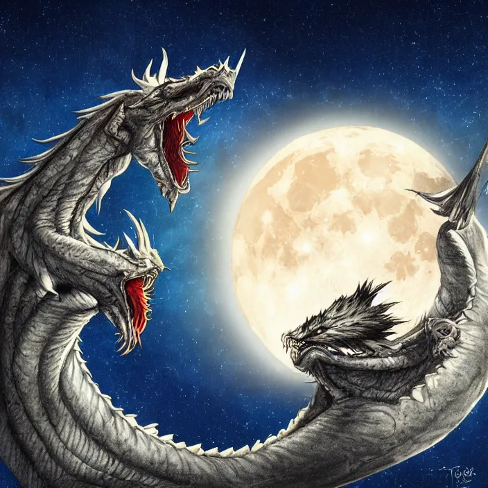 Prompt: digital art of colossal dragon eating a moon