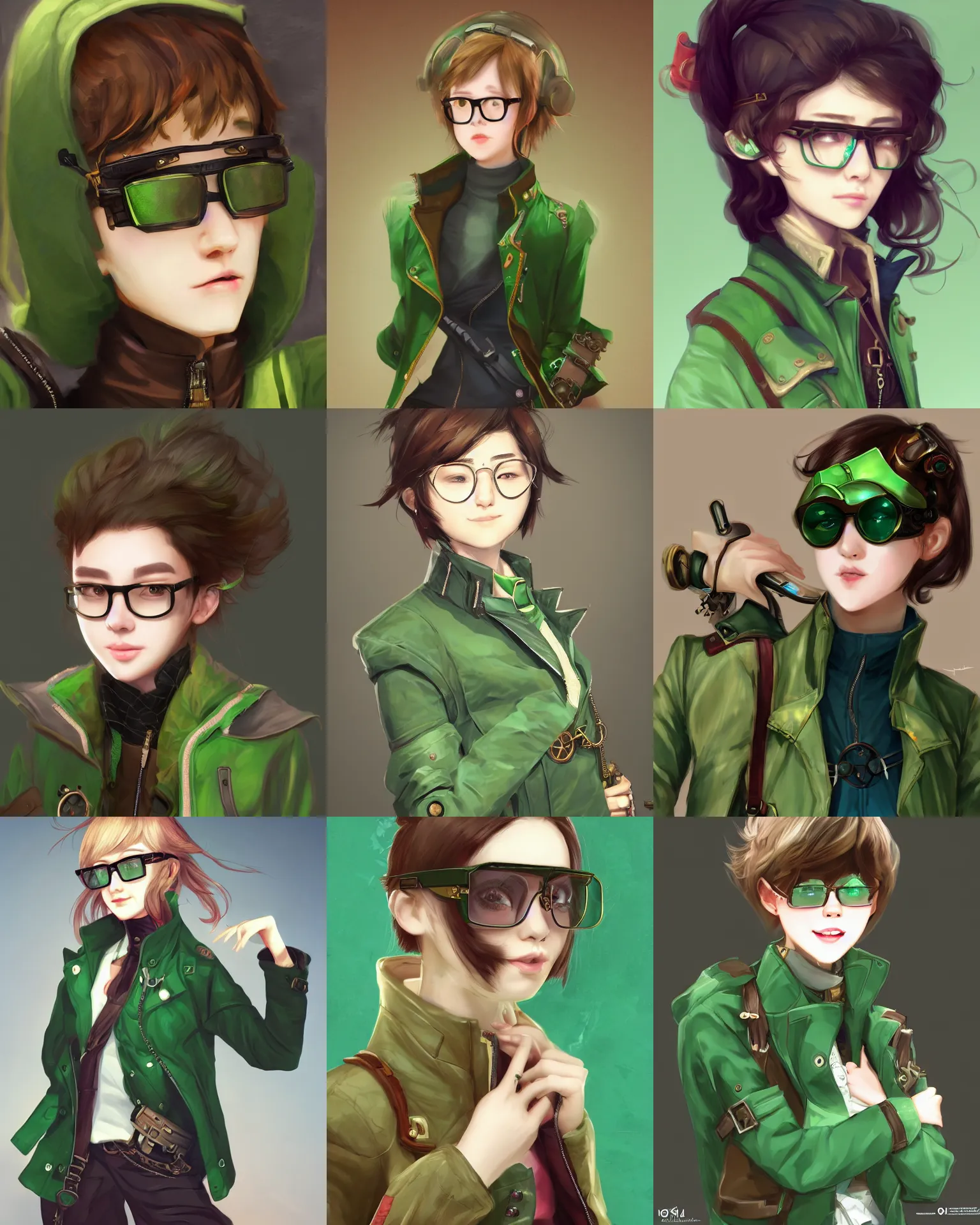 Prompt: teenage girl with short hair wearing green jacket and windproof glasses ， steampunk ， by yuho kim & neytirix. trend on artstation