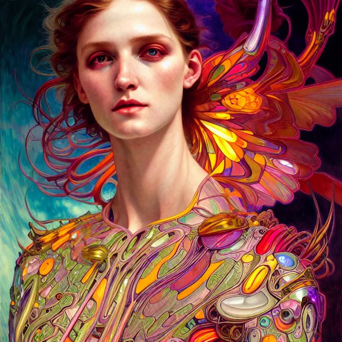 Image similar to bright psychedelic portrait of organic cyborg, wings, diffuse lighting, fantasy, intricate, elegant, highly detailed, lifelike, photorealistic, digital painting, artstation, illustration, concept art, smooth, sharp focus, art by John Collier and Albert Aublet and Krenz Cushart and Artem Demura and Alphonse Mucha