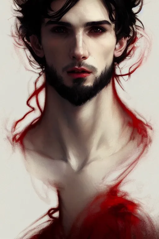 Prompt: portrait of a beautiful young fit male vampire with curly white hairs, dressed with urban clothes, by greg rutkowski and alphonse mucha, d & d character, gradient white to red, modern nocturnal background, highly detailed portrait, digital painting, artstation, concept art, smooth, sharp focus ilustration, artstation hq