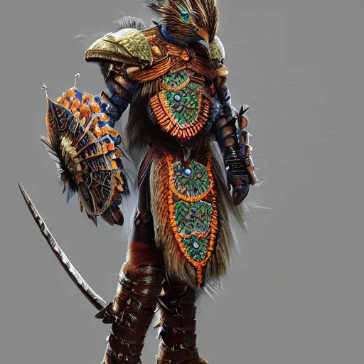 Prompt: A warrior wearing a peacock armor, very coherent symmetrical, cinematic, hyper realism, high detail, octane render, unreal engine, 8k, Vibrant colors, Smooth gradients, High contrast