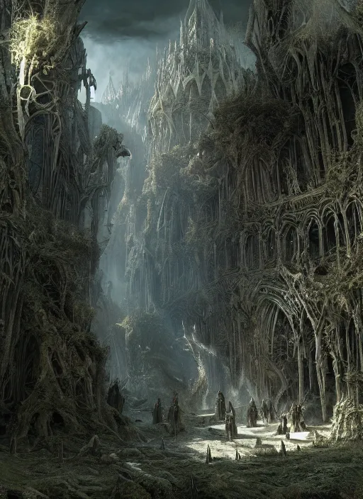 Image similar to medieval adventurers in the lord of the rings scenery landscape, inside an enormous overgrown alien cathedral, huge statue of a dragon, portal to another dimension in the sky, highly detailed, cinematic lighting, perfect composition, 4 k, gustave dore, derek zabrocki, greg rutkowski, octane render