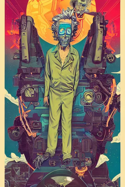 Image similar to Christopher Lloyd as Rick Sanchez, Harry Styles as Morty Smith, science fiction, retro cover, high details, intricate details, by vincent di fate, artgerm julie bell beeple, 60s, inking, vintage 60s print, screen print