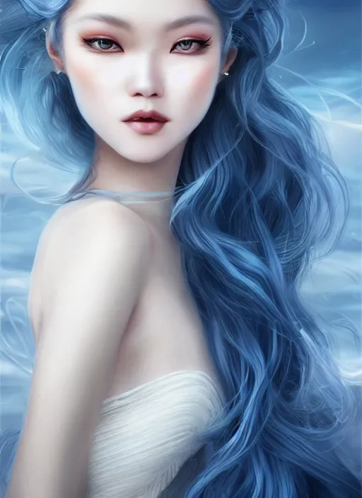 Prompt: a beautiful woman gheisa, 8 k, hyperrealistic, asian hyperdetailed, beautiful face, long blue hair windy, dark fantasy, white skin porcelain, fantasy portrait by laura sava